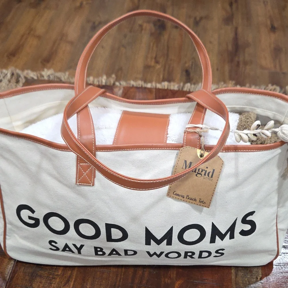 Magid Tan and Cream Tote with Playful Print GOOD MOMS SAY BAD WORDS   NWT - Picture 2 of 10